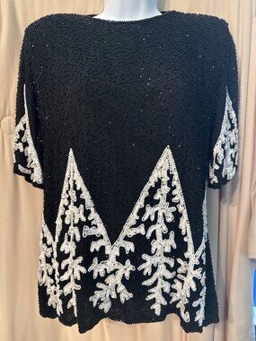Vintage Rina Z Black & White Silk Beaded Sequined Blouse Lg